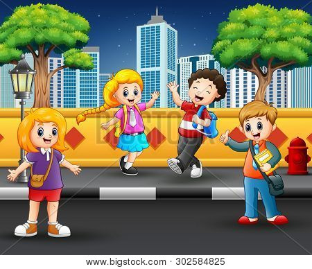 Children Hanging Out On The Sidewalk Illustration