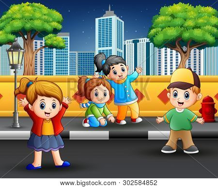 Cartoon Happy Children On The Sidewalk Illustration