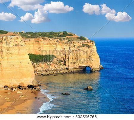 Summer Atlantic Rocky Coast View With Sandy Beach Praia Da Afurada, Lagoa, Algarve, Portugal