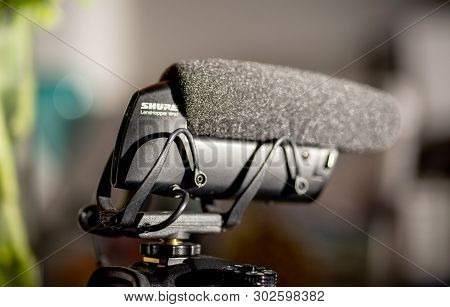 Paris, France - Mar 18, 2019: Detailed Photograph Of New Microphone Made By Shure Vp 83 Mounted On P