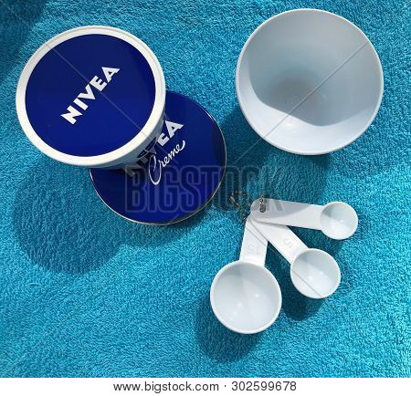 Layout On A Blue Background With Cream Nivea