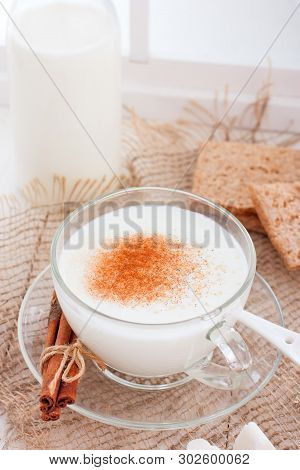 Homemade Kefir In A Glass Cup With Cinnamon And Sugar, Selective Focus