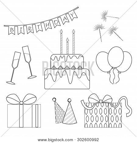 Set birthday icons. Black and white elements of birthday.