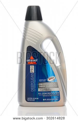 IRVINE, CALIFORNIA - MAY 22, 2019:  A bottle of Bissell Deep Clean Pro carpet cleaning solution. 