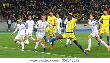 Kyiv, Ukraine - March 14, 2019: Uefa Europa League Game Fc Dynamo Kyiv (white Jersey) V Chelsea (yel