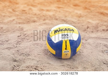 Kemer, Turkey. September 2018: Official Mikasa Beach Volleyball Ball On Sand Court.