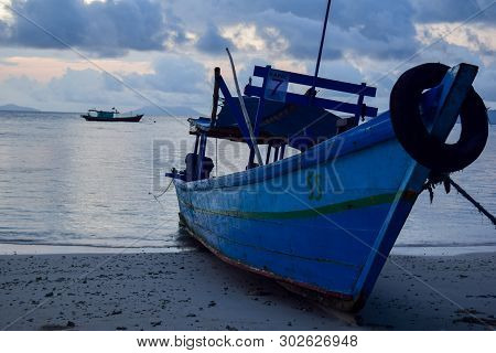 Traditional Fishing Wooden Boat Near Pahawang Island. Bandar Lampung. Indonesia. Traveling Concept. 