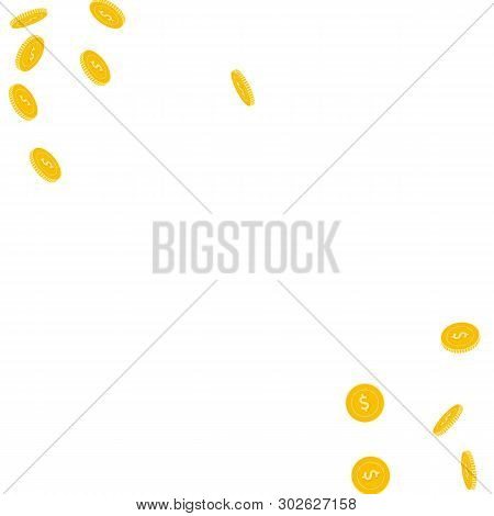 American Dollar Coins Falling. Scattered Sparse Usd Coins On White Background. Immaculate Scatter Ab