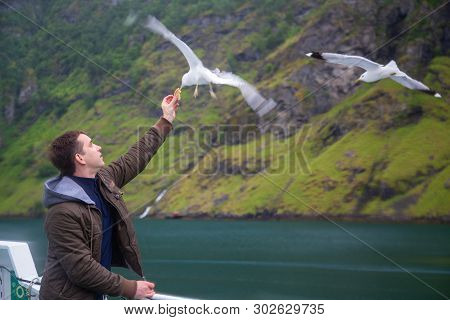Man Traveling On Ferry Boat And Feeding Seagull. Man Are Feeding Seagulls Flying. Journey Through Th