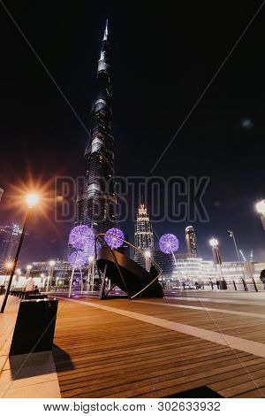 Dubai,uae - January 02,2019: Burj Khalifa Skyscraper In The Night,dubai.burj Khalifa Is The Tallest 