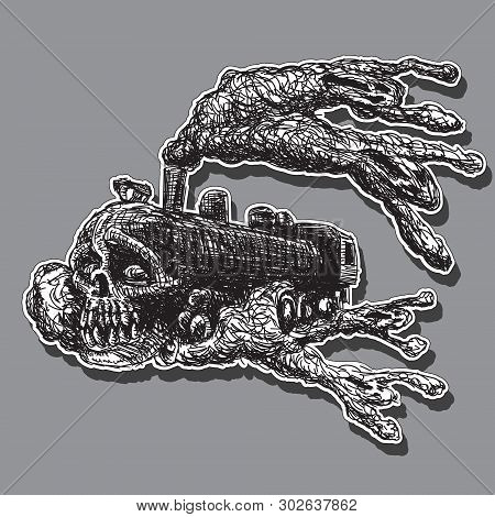 Character Train Ghost With Skull And Creepy Silhouettes In Smoke. Stroke Drawing. Vector Graphics. E