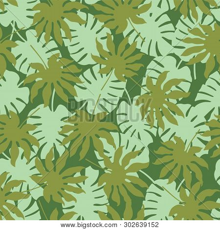 Vector Green Tropical Leaves Seamless Pattern Background