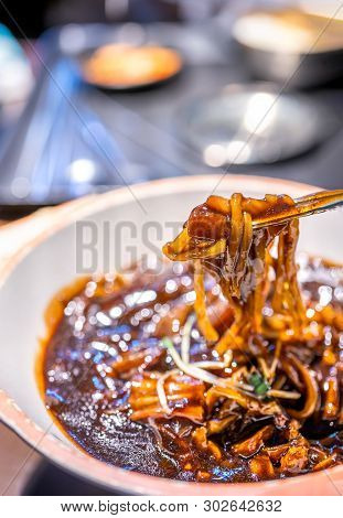Jajangmyeon, Jjajangmyeon, Fried Sauce Noodle, Delicious Korean Traditional Noodles Cuisine With Kor