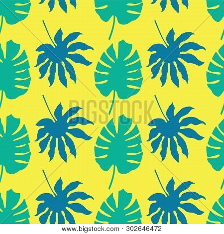 Vector Seamless Pattern Background With Green And Blue Tropical Leaves On Neon Yellow Background