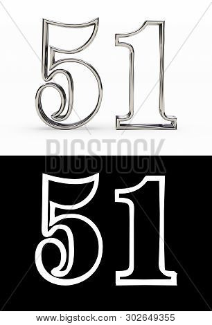 Silver Number Fifty-one Years (number 51 Years) With Shadow, Front View, With Alpha Channel. 3d Illu