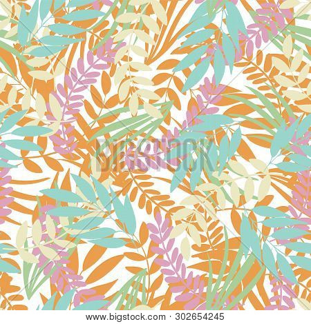 Vector Pastel Tropical Leaves On White Background. Wild Jungle Foliage.