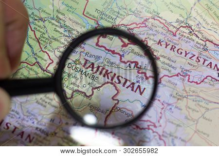 Tajikistan On The Map Of The World Or Atlas.