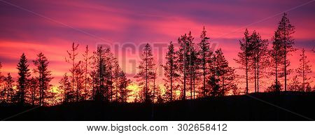Colorful Sunset Over Lapland In Northern Sweden.