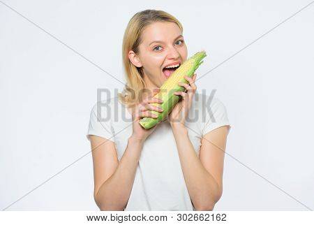 Farming, Farmer Girl With Maize. Agriculture And Cultivation. Corn Crop. Vitamin And Dieting Food. H