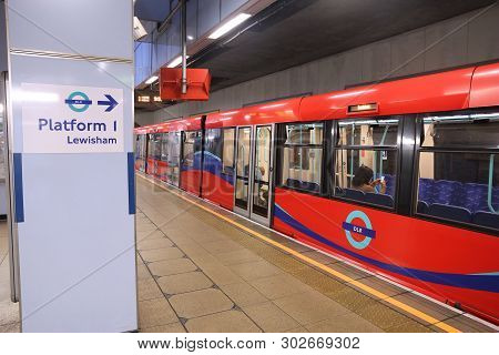 London, Uk - July 8, 2016: Docklands Light Railway (dlr) Train Station In London, Uk. Dlr Serves Ann