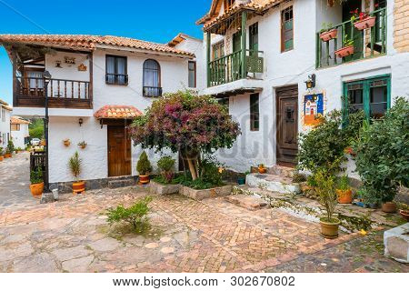 Tenza Colombia May 18  Typical Colonial Houses  With Garden In A Peatonal Area Of Tenza Village Colo