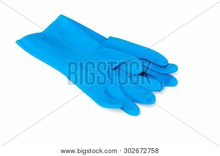 Blue Rubber Gloves For Cleaning On White Background, Workhouse Concept