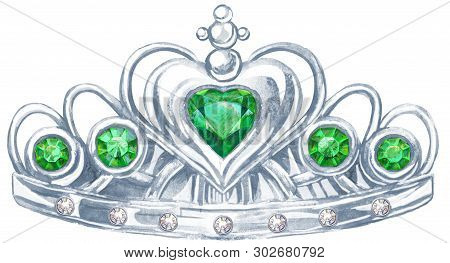 Watercolor Silver Crown Princess With Precious Stones Emerald And Fianit