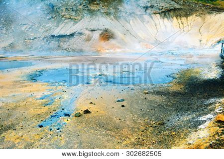 Fumarole Field In Namafjall, Iceland. Geothermal Beauty Landscape.
