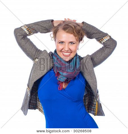 Smiling Woman With Lifted Hands