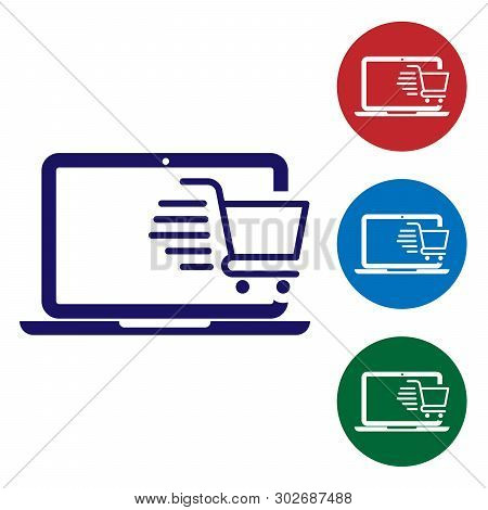 Blue Shopping Cart On Screen Laptop Icon Isolated On White Background. Concept E-commerce, E-busines