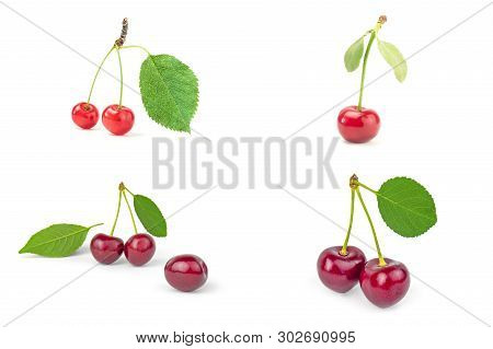 Collage Of Fresh Cherry Isolated On A White Background Cutout