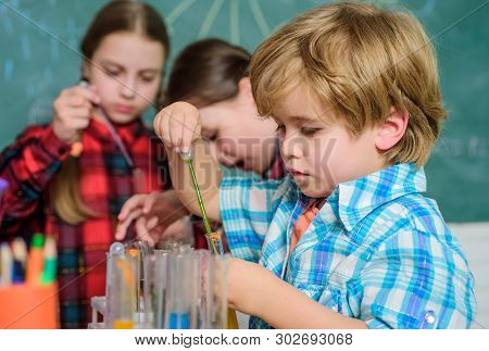Happy Children Use Tubes. Back To School. Biology Education. Microscope. Biology School Laboratory E