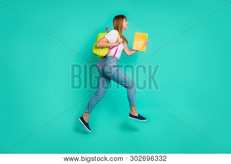 Full Length Side Profile Body Size Photo Beautiful She Her Lady Jump High Arms Hands Hold Back Pack 
