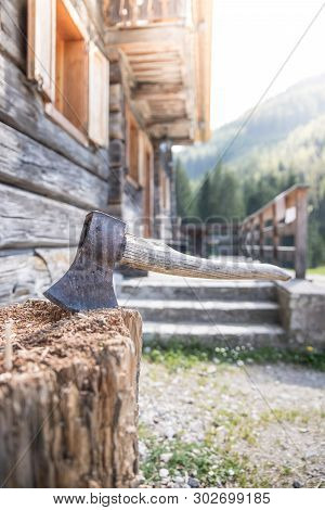 Getting Wood For Fire: Axe Attached To A Tree Trunk