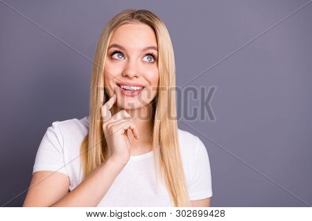 Close Up Photo Of Positive Cheerful Youth Youngster Youth Touch Chin Hadn Thoughts Future Plan Conte