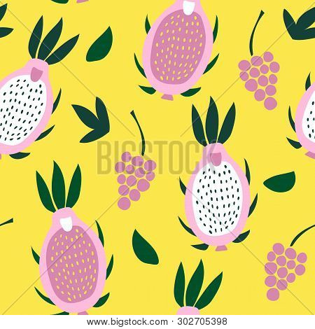 Seamless Pattern Of Pink Pitaya And Grapes On A Bright Yellow Background.