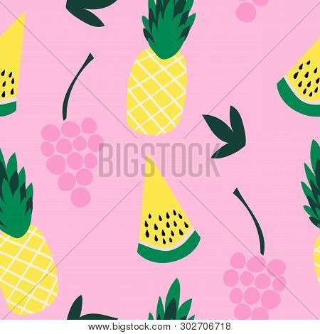 Seamless Pattern Of Yellow Watermelon And Grapes On A Pink Background.