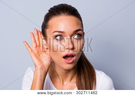 Close Up Photo Beautiful Amazing Funky Her She Lady Arm Hand Palm Near Ear Try To Hear News Novelty 