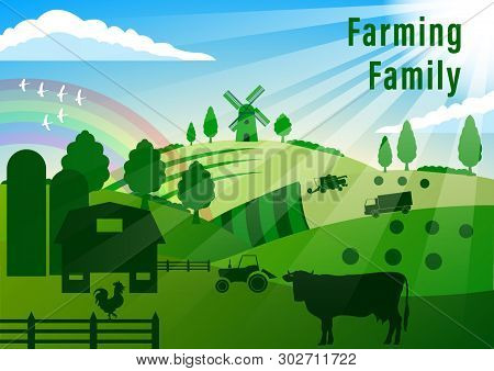 Contry Landscape. Farming. Summer Rural Landscape. Cow, Rooster, Agricultural Technique, Windmill,  