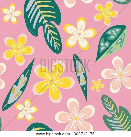 Seamless Pattern Of Hand Drawn Plumeria Tropical Flowers And Leaves On A Pink Background.