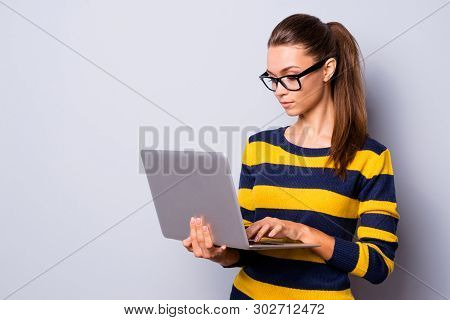 Portrait Of Charming Concentrated Thoughtful Millennial College High School Have Task Busy Search Ne