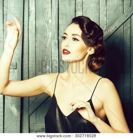 Portrait Of Attractive Sensual Glamour Retro Elegant Young Adult Woman With Classic Hairstyle And Re