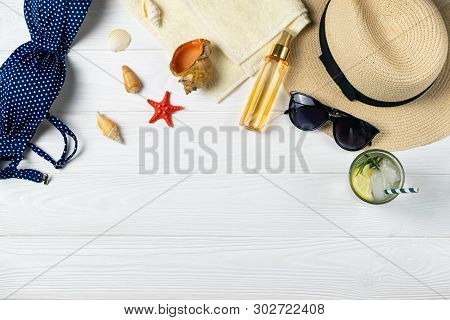 Summer Beach Pool Composition With Hat Sunglasses Refershing Drink On Wooden Background