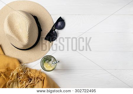 Summer Beach Pool Composition With Hat Sunglasses Refershing Drink On Wooden Background