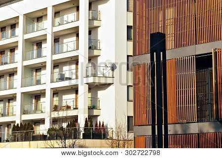 Fragment Of A Modern Apartment Building In Front. Very Modern Apartment House.