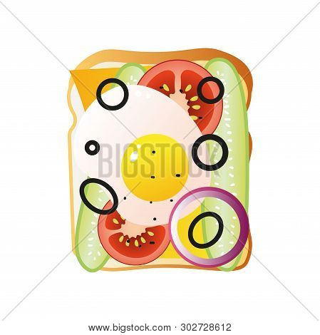 Sandwich Mix Of Fried Egg With Cutted Olive, Red Tomato