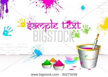 ilustrace barevné spalsh na zdi s kbelík plný barev a pichkari