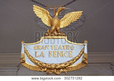 Venice, Italy - September 26, 2009: Golden Bird Sign Gran Teatro La Fenice In Venezia, Italy.