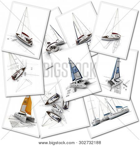 collection of sailboat 3D renderings with original sketches and blueprints