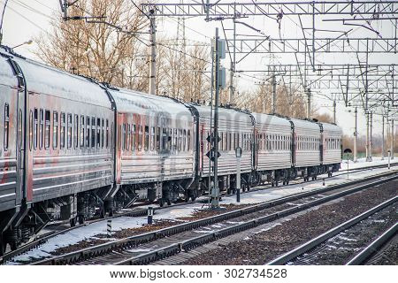 Russian Train. Locomotive With Cars. Passenger Train. . Russia Metallostroy March 8, 2019